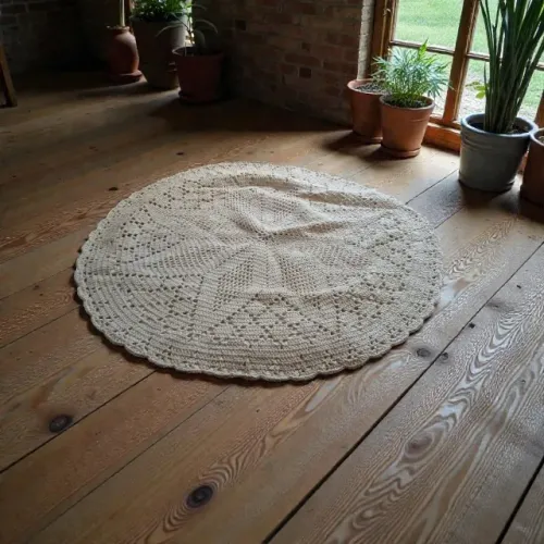 Tapete de Crochê Redondo - Branco/Crú - 89 cm - Feito à Mão