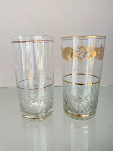 2 copos cristal lapidados e filetados em dourado