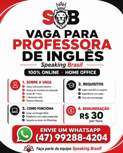 Vaga para Professora de Inglês Online - Home Office