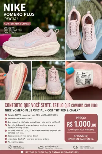 RARO NO BRASIL: NIKE VOMERO PLUS 39 - Estado Novo (um uso) - Sit Red & Chalk - ZoomX 