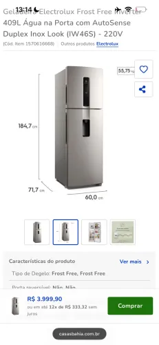 Geladeira Electrolux Frost Free Inverter 409L Água na Porta com AutoSense Duplex Inox Look