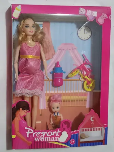 Boneca Grávida Com Bebê, Menina Criança E Bicicleta - 30 Cm