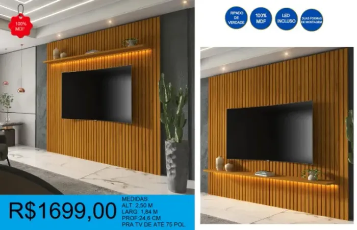 Painel 100% mdf para tv até 75 pol com led incluso - entrega gratuita