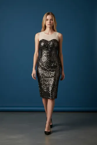 Vestido Midi Preto de Paetê Bodycon