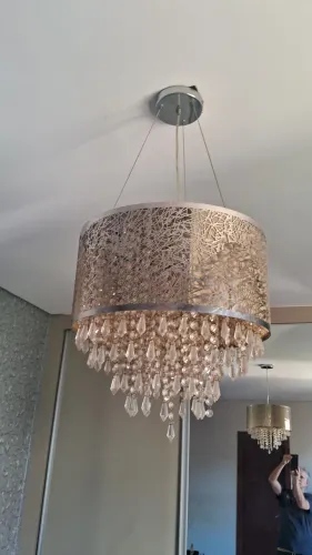 lustre pendente cilíndrico cúpula vazada metal prateado pingentes de cristal