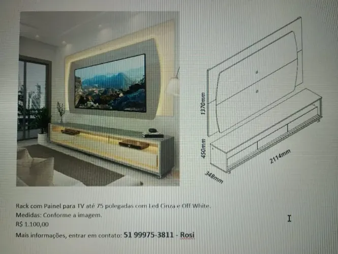 Rack com Painel para TV até 75 polegadas com Led na Cor cinza e Off-white
