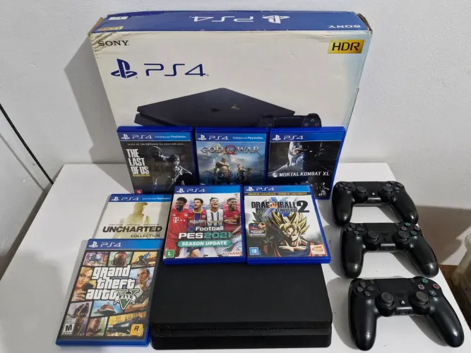 PS4 Slim 1TB na Caixa Original + 3 Controles + 7 Jogos