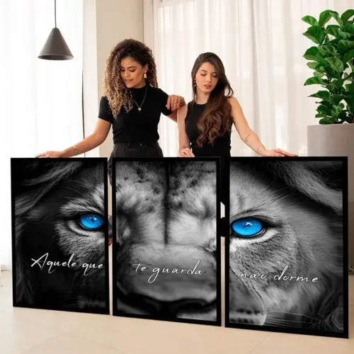Trio De Quadros Leão Fé Para Sala Quarto 