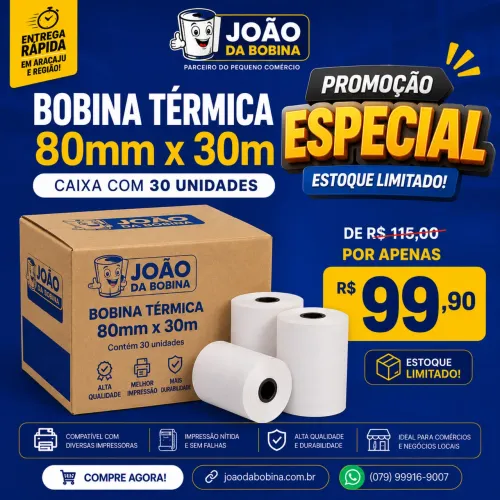 BOBINA TERMICA 80MM X 30M BRANCA CAIXA COM 30 UNIDADES IMPRESSORA TERMICA