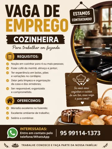 Vaga de cozinheira em fazenda