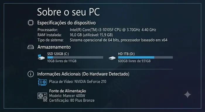 Computador i3 10105F | 16GB RAM | SSD 120GB + 1TB HD