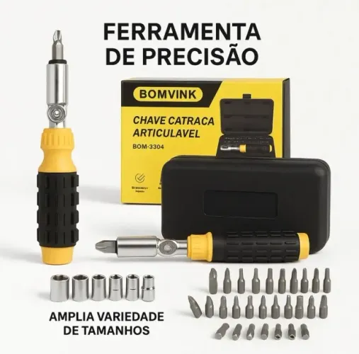 Kit Chave Catraca Articulável Bomvink 40 Peças com Bits e Soquetes Profissional BOM-3904