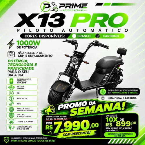     Scooter X13 PRO 1000W - Bateria de Lítio | Nova 0KM Com piloto automático 