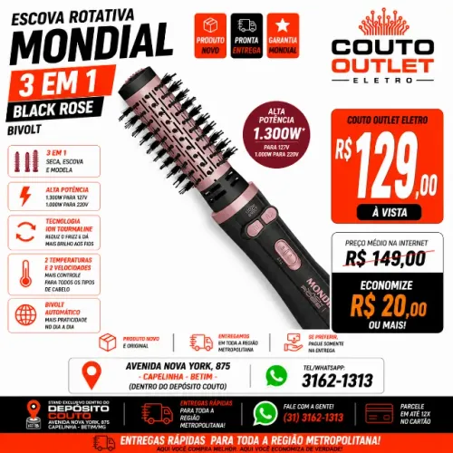 ESCOVA ROTATIVA MONDIAL 3 EM 1 BLACK ROSE - MAIS BARATO QUE NAS LOJAS ON-LINE
