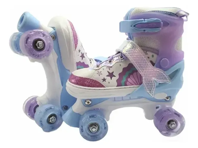 Patins Infantil C/ Luz De Led Quad 4 Rodas Roller Sereia Regulagem da Tamanho