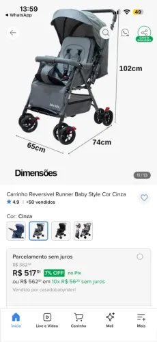 Carrinho Reversivel Runner Baby Style Cor Cinza