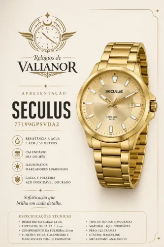 Relógio Seculus Masculino Long Life Aço Dourado