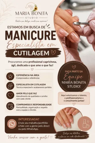 ? Vaga para manicure! Horário flexível e ótima oportunidade de ganhos.