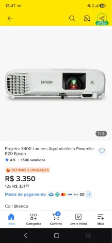 Projetor 3400 Lumens Xga/hdmi/usb Powerlite E20 Epson