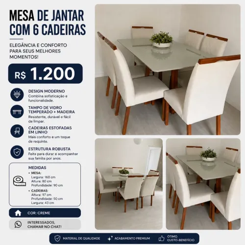 Mesa de Jantar em Vidro com 6 Cadeiras | R$ 1.200