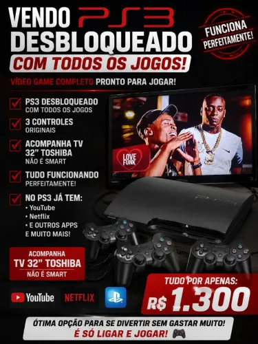Tv Toshiba 32 polegadas não é smart acompanhada com um PS3 slim desbloqueado 3 controles