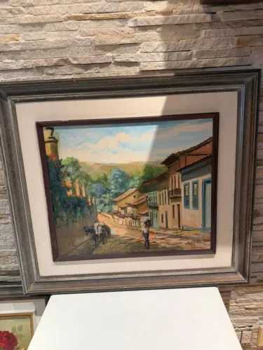 Quadro a Óleo Paisagem Colonial Brasileira - Assinado (1983) - Moldura Grande