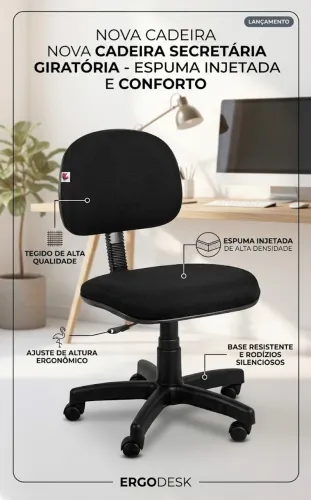 Cadeira Giratoria Secretaria NOVA, Estofado Tecido Preto - outros modelos nas imagens