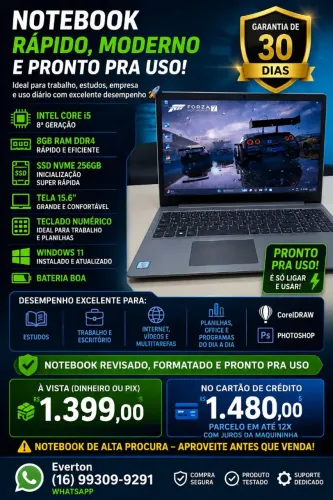 Notebook lenovo Core i5 8 Geração 8GB + Ssd Nvme 256Gb