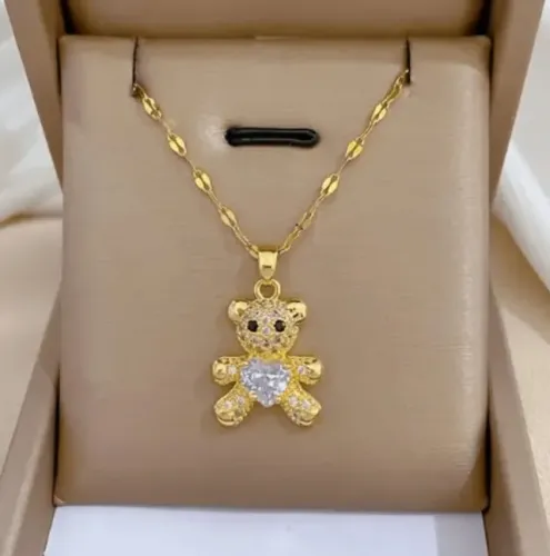 colar dourado de pingente ursinho coração de cristal. novo!