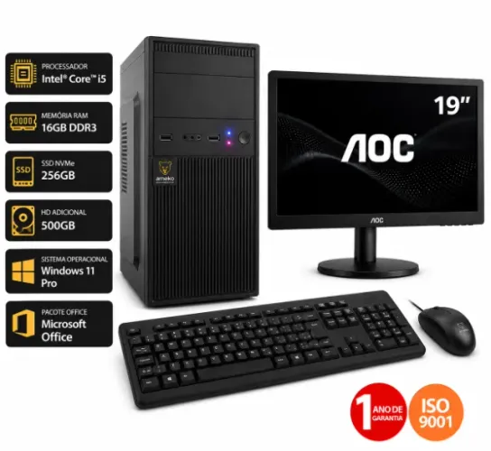 PC Completo Intel Core i5 16GB SSD 256GB + HD 500GB Windows 11 Pro + Office + Monitor AOC