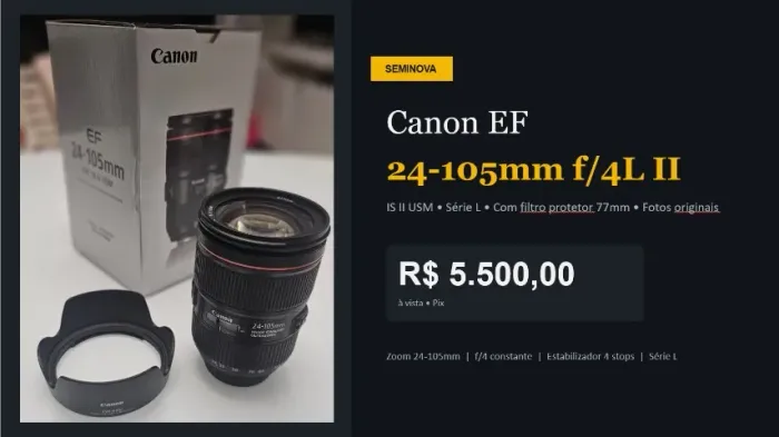 Lente Canon EF 24-105mm f/4L II - Em perfeito estado
