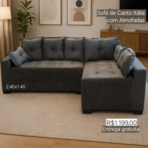 PROMOÇÃO URGENTE - Sofá de Canto Itália 4 LUGARES Cinza Escuro com Chaise Disponível