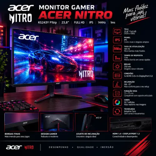 Monitor Gamer Acer Nitro 144Hz IPS KG243Y 23,8? Full HD
