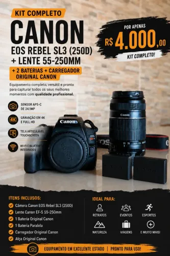 KIT CANON SL3 + LENTE 55-250mm IS II + 2 BATERIAS + CARREGADOR ORIGINAL