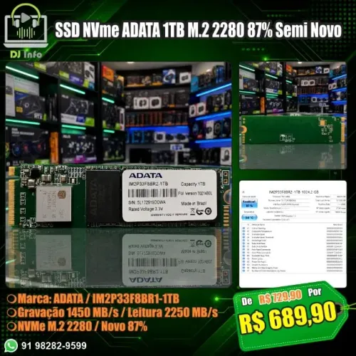 SSD NVme ADATA 1TB M.2 2280 87% Semi Novo 