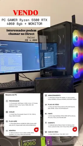 PC GAMER Ryzen 5500 RTX 4060 8gb + MONITOR