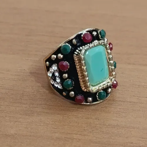 Anel Vintage Retrô com Pedra Azul Turquesa