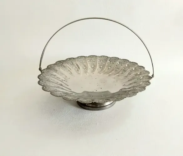 Cesta Antiga Centro de Mesa, c/Alça. Marca "AUREA Prata 90" - Diâmetro 24 cm