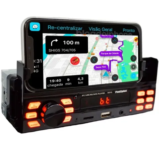 Som automotivo com suporte para celular 