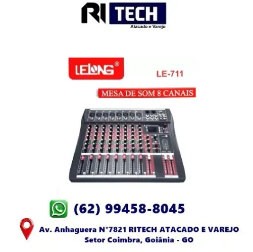  Mesa De Som 8 Canais Balanceados Com Bluetooth USB MP3 e Display Digital Lelong LE711