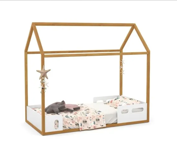 Cama Infantil Matic Móveis LIV 1900 com Grade de Proteção - Freijó/Branco