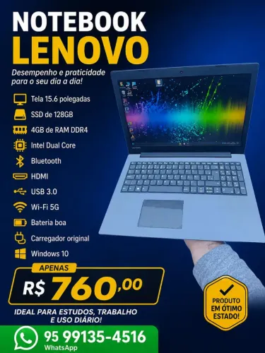 Notebook Lenovo com SSD de 128 gigas, 4gb de RAM ddr4, bateria boa, carregador original 