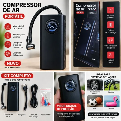 Compressor de Ar Portátil Digital Regarregável USB - NOVO