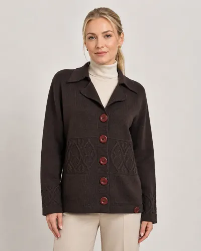 Casaco Cardigan de Tricô Marrom Foco - Tamanho G