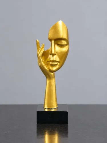 Escultura Decorativa Rosto Pensativo Dourado com Base Preta