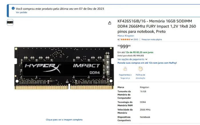 Original KF426S16IB/16 - Memória 16GB SODIMM DDR4 2666Mhz FURY Impact 1,2V 1Rx8 260 pinos