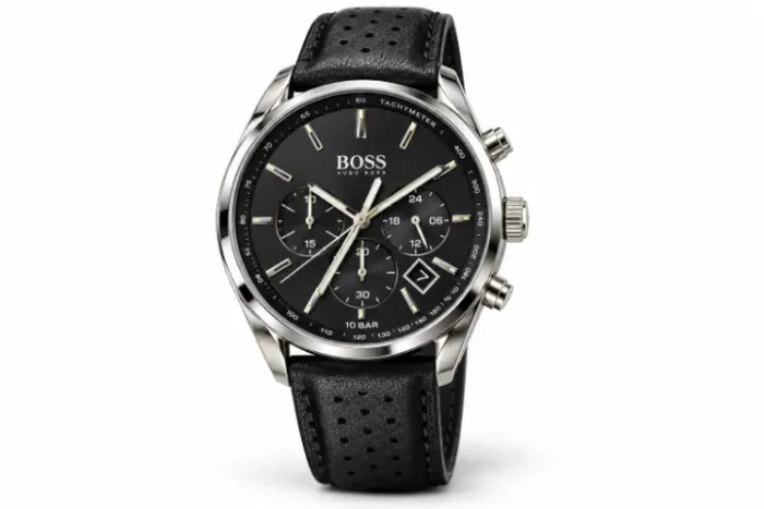 Relógio Masculino BOSS Champion Black 1513816 44mm Pulseira de Couro Preto Perfurado Novo