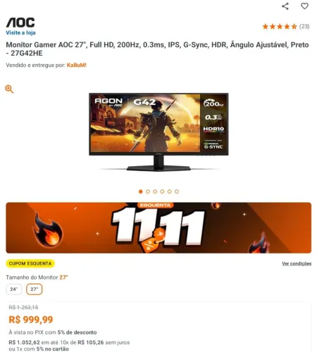Monitor Gamer AOC AGON G42 27" 200Hz 0,3ms IPS HDR10 NVIDIA G-Sync 27G42HE Novo e Lacrado