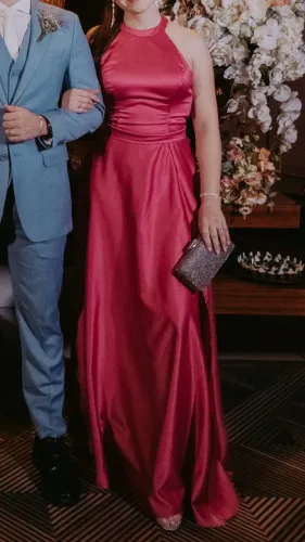 Vestido de Festa Rosa Pink - Decote: Halter Neck/Gola Alta e Saia: Godê/Evasê - Tamanho P