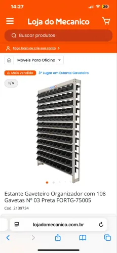 Prateleira mecânico/acessórios grande com 108 gavetas
